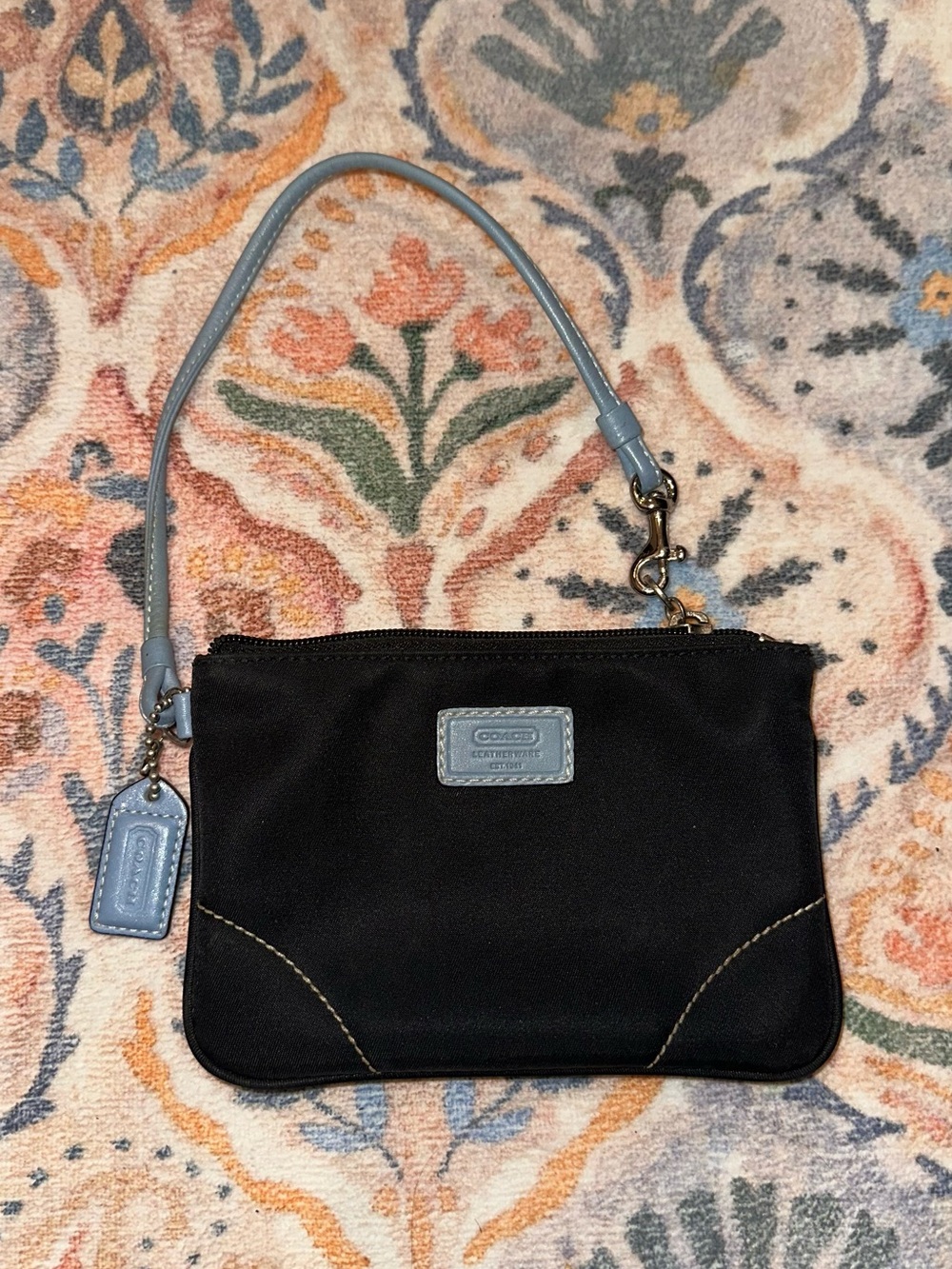 Coach Black Nylon Wristlet with Light Blue Leather Trim and Strap